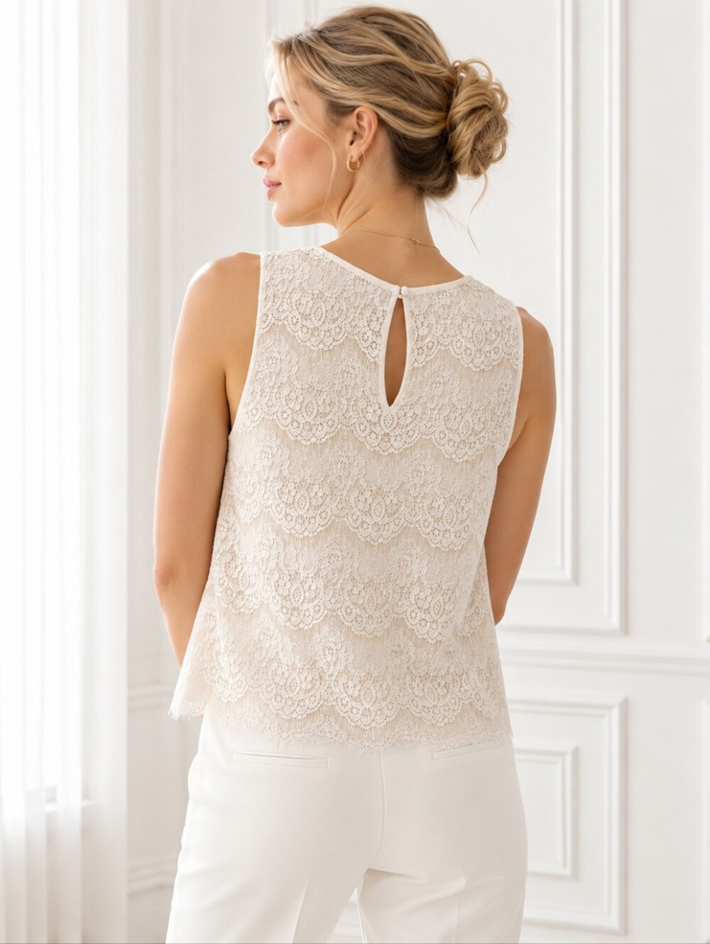 Faith & Joy Ivory Lined Lace Sleeveless Blouse Size XL | Romantic Feminine Top - Picture 3 of 10